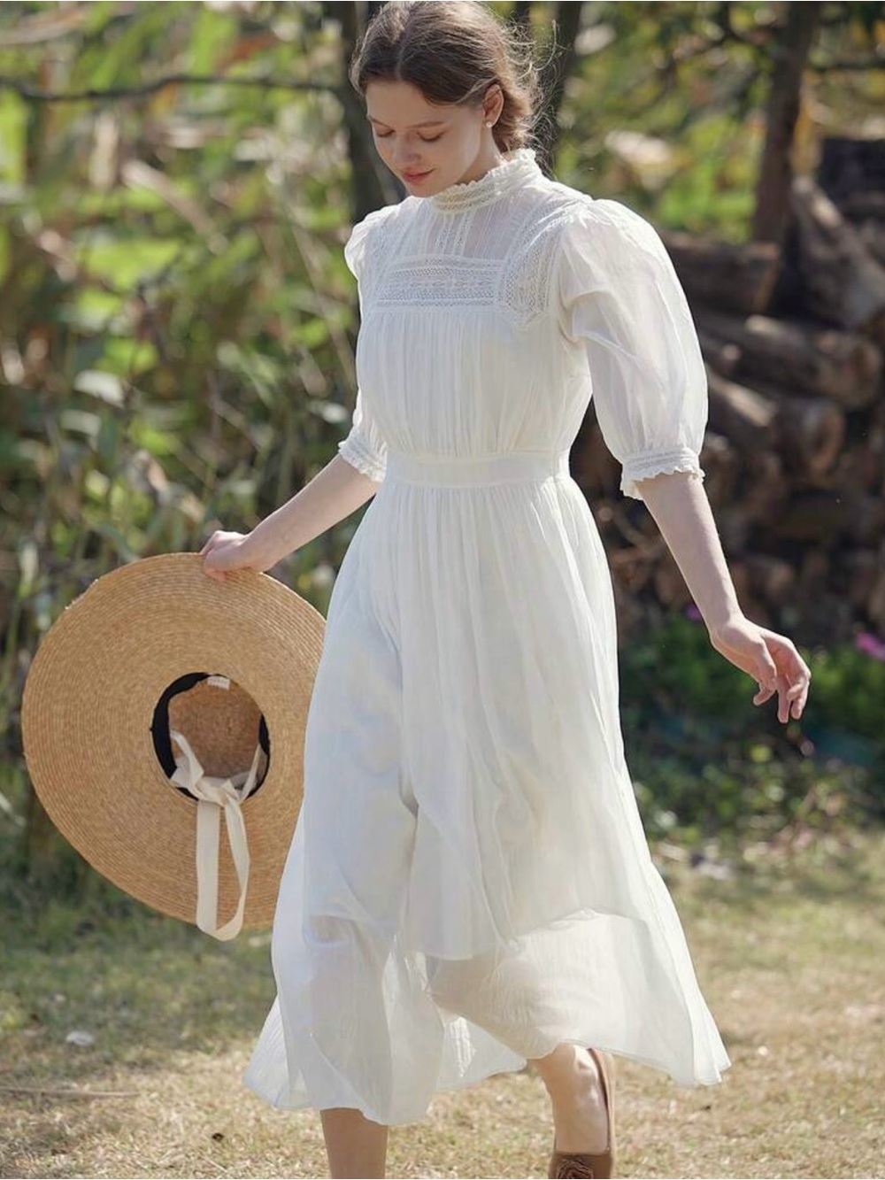 Simple Retro Vintage - Inspired White Lace-Trim Midi Dress - Size small